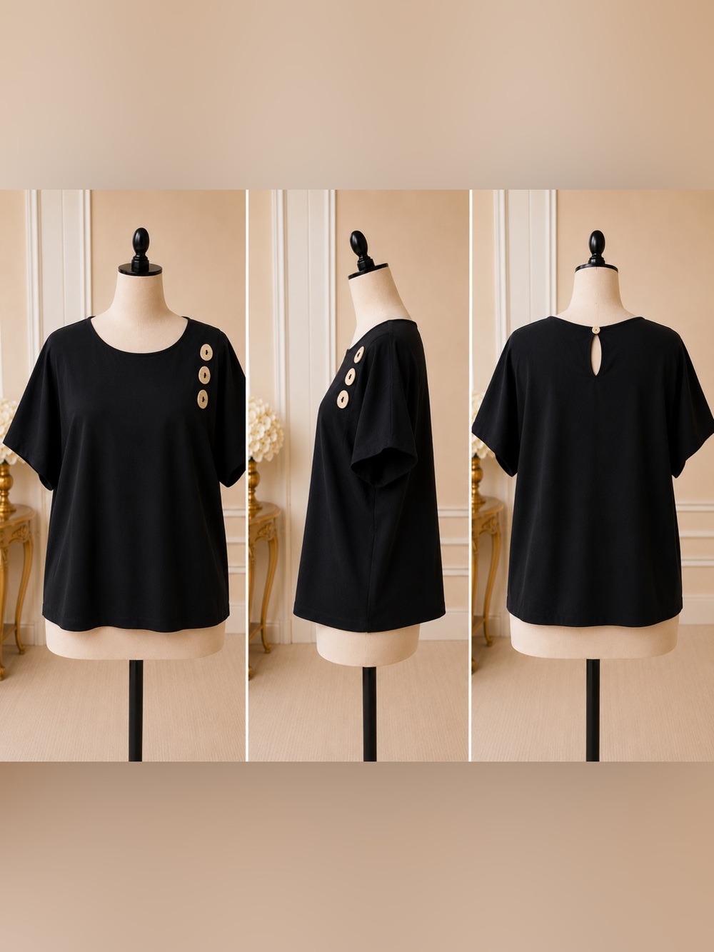 Truth + Style Black Short Sleeve Top with Accent Buttons